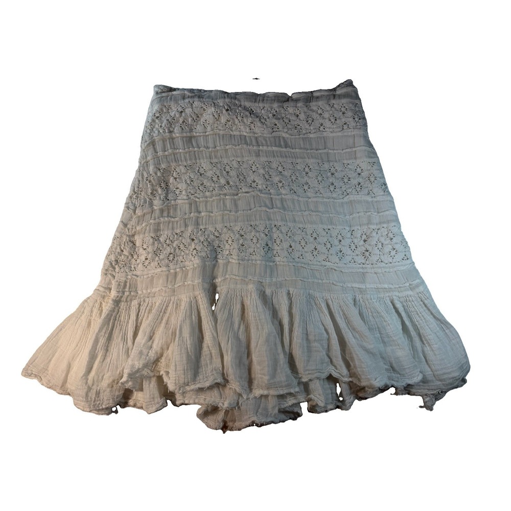 Free People Women's Skirt S White Cotton Lace Ruffle Boho Tiered Cotragecore